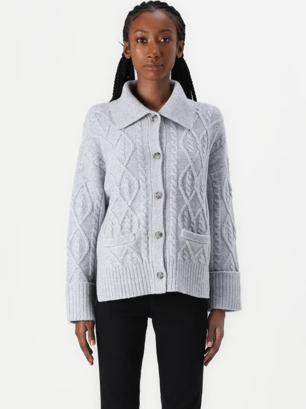 🌟NEW Abercrombie & Fitch Gray Cable Knit Collared Cardigan Women’s Medium